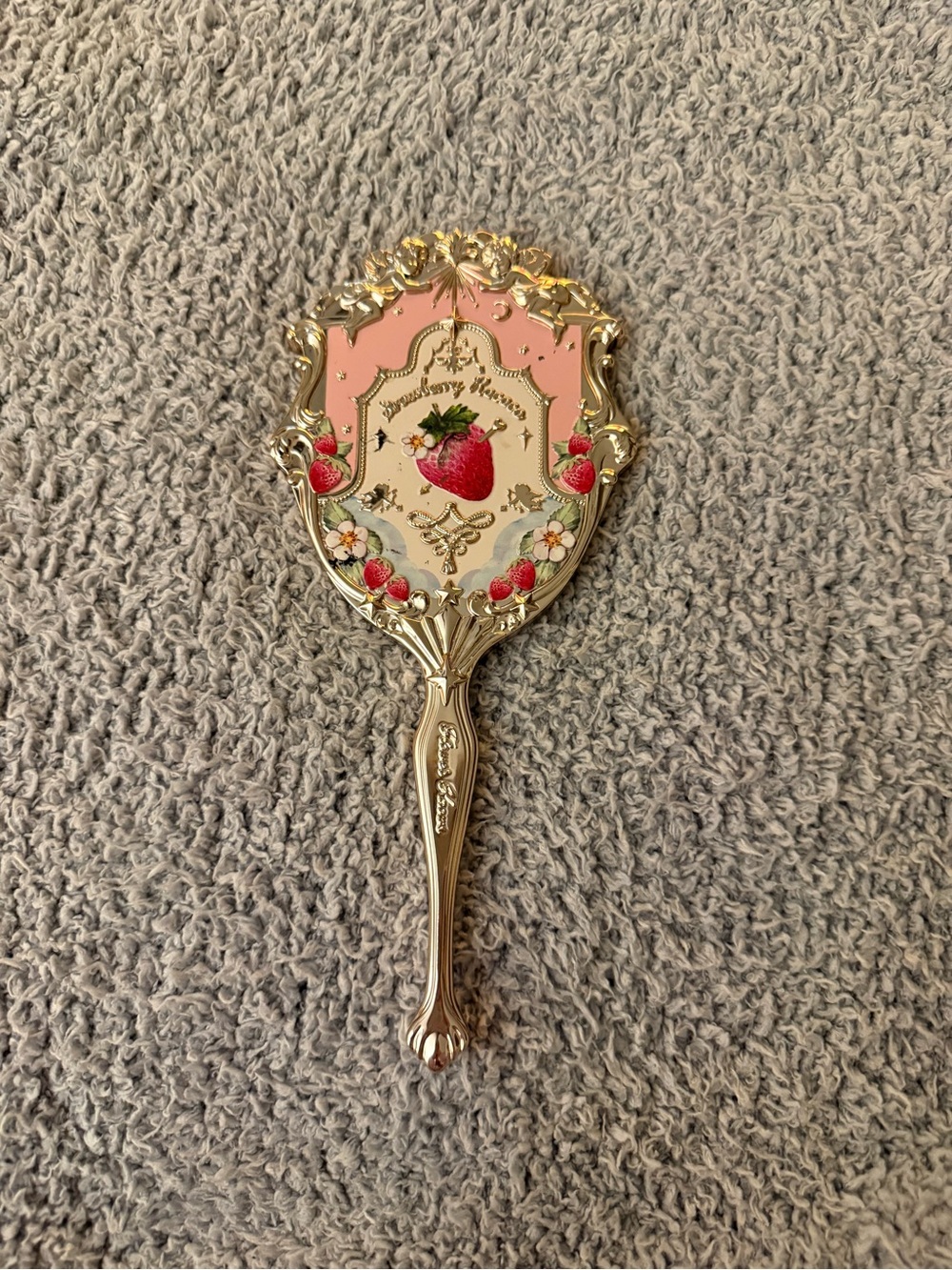 Gold Hand Mirror with Pink Strawberry Accent